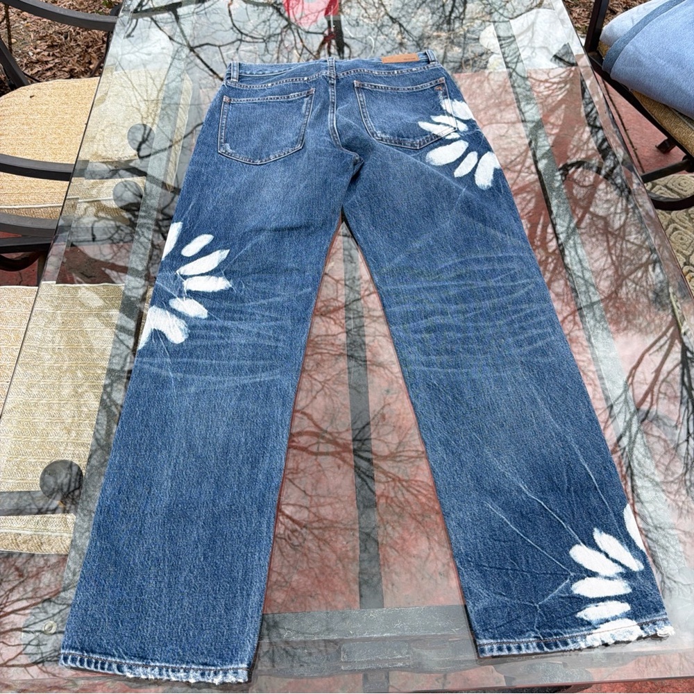 Women’s  Blue Straight-Leg Jeans with White Paint Floral Detail - Picture 9 of 11
